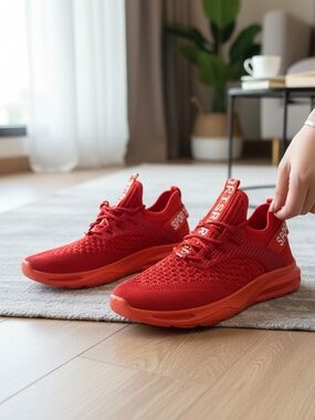 Red Lightweight Knit Men's Sneakers